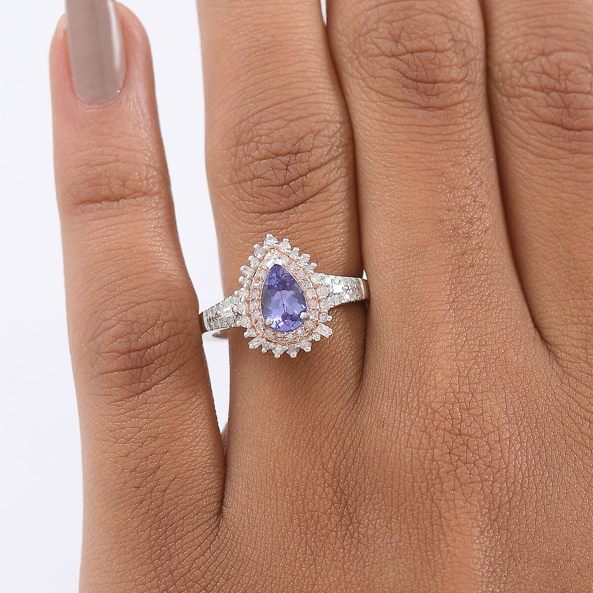 D'Joy Premium Tanzanite, Natural Pink and White Diamond 1.35 ctw Sunburst Halo Ring in Rhodium Over Sterling Silver (Size 7.0) image number 2