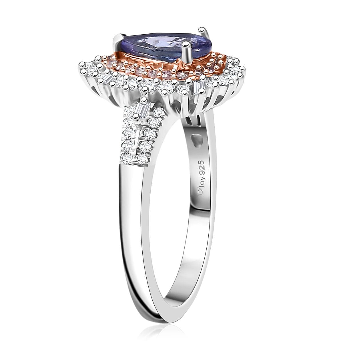 D'Joy Premium Tanzanite, Natural Pink and White Diamond 1.35 ctw Sunburst Halo Ring in Rhodium Over Sterling Silver (Size 7.0)
