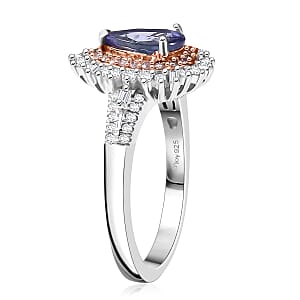 D'Joy Premium Tanzanite, Natural Pink and White Diamond 1.35 ctw Sunburst Halo Ring in Rhodium Over Sterling Silver (Size 7.0)