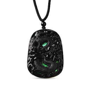 Black Jade (D) 125.00 ctw Carved Dragon Pendant with Black Cord Necklace 28 Inches
