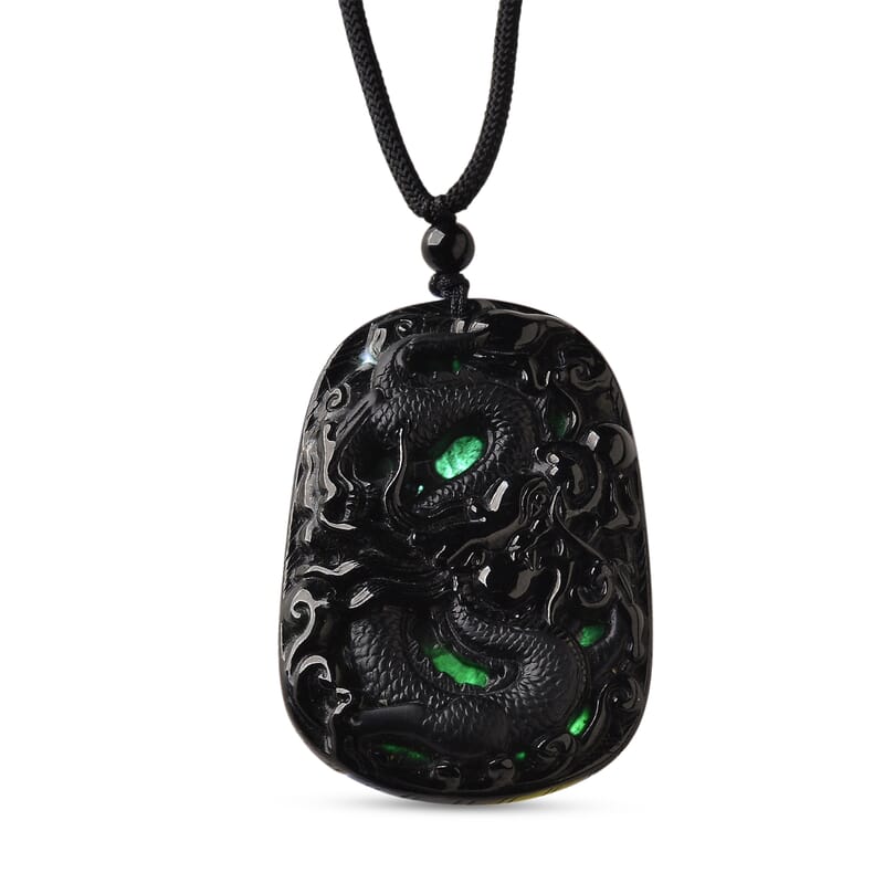 Natural Black Jade 125.00 ctw Carved Dragon Pendant with Black Cord Necklace 28 Inches
