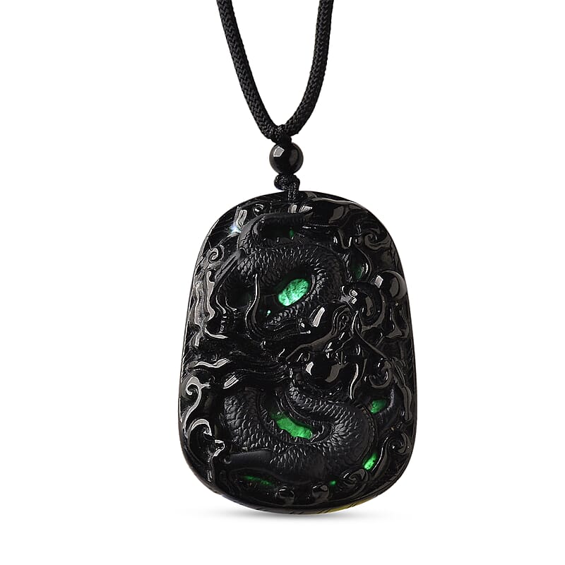 Natural Black Jade 125.00 ctw Carved Dragon Pendant with Black Cord Necklace 28 Inches