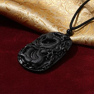 Black Jade (D) 125.00 ctw Carved Dragon Pendant with Black Cord Necklace 28 Inches