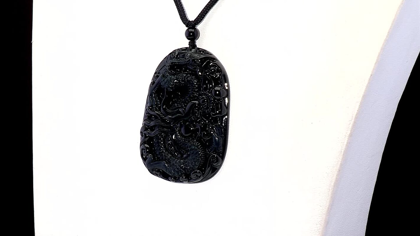 Natural Black Jade 125.00 ctw Carved Dragon Pendant with Black Cord Necklace 28 Inches