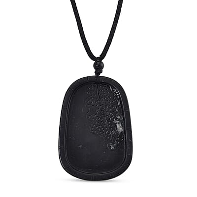 Natural Black Jade 125.00 ctw Carved Dragon Pendant with Black Cord Necklace 28 Inches