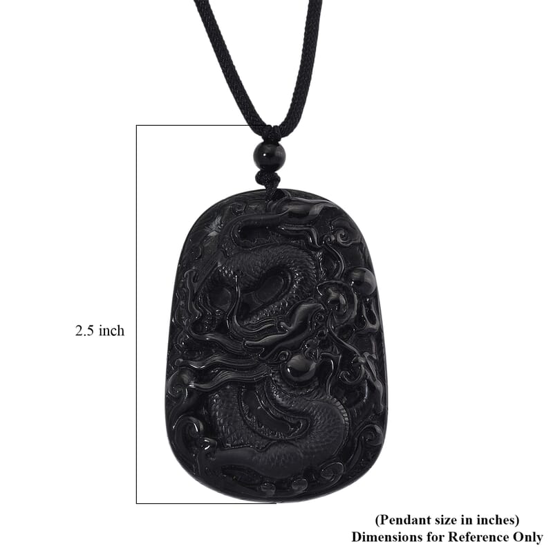 Natural Black Jade 125.00 ctw Carved Dragon Pendant with Black Cord Necklace 28 Inches