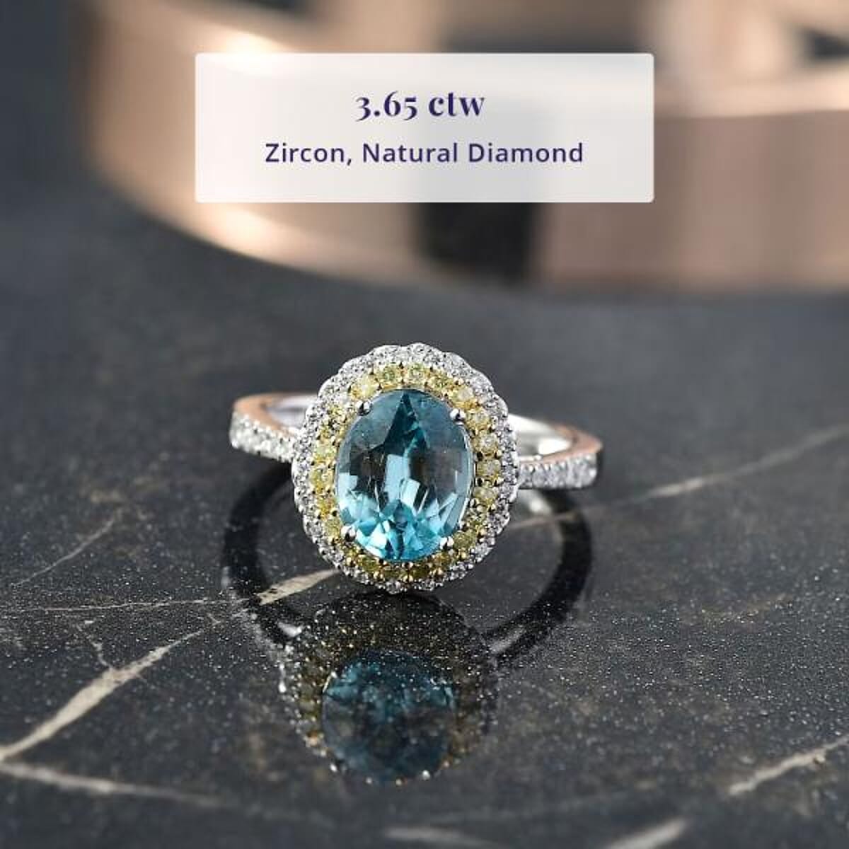 Luxoro AAA Cambodian Blue Zircon, Natural Yellow and White Diamond I2 3.65 ctw Sunlit Ocean Ring in 10K White Gold (Size 6.0) image number 2
