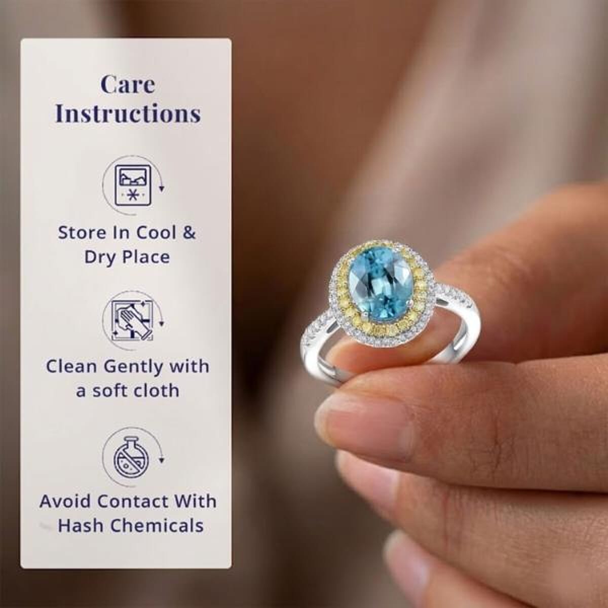 Luxoro AAA Cambodian Blue Zircon, Natural Yellow and White Diamond I2 3.65 ctw Sunlit Ocean Ring in 10K White Gold (Size 6.0) image number 4