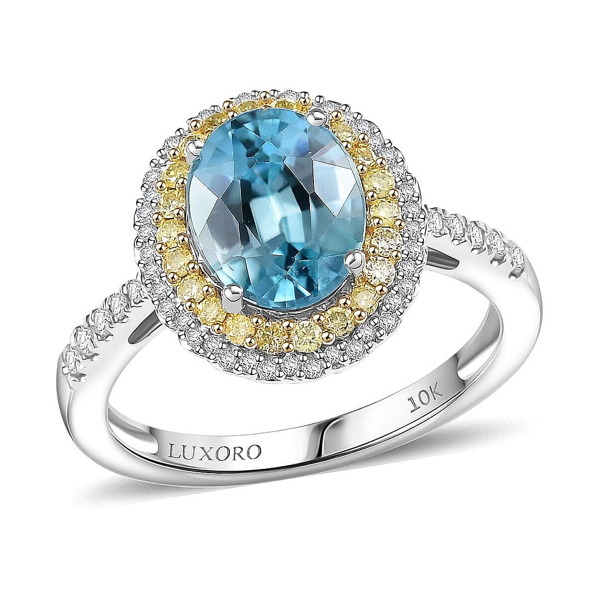 Luxoro AAA Cambodian Blue Zircon, Natural Yellow and White Diamond I2 3.65 ctw Sunlit Ocean Ring in 10K White Gold (Size 7.0) image number 0