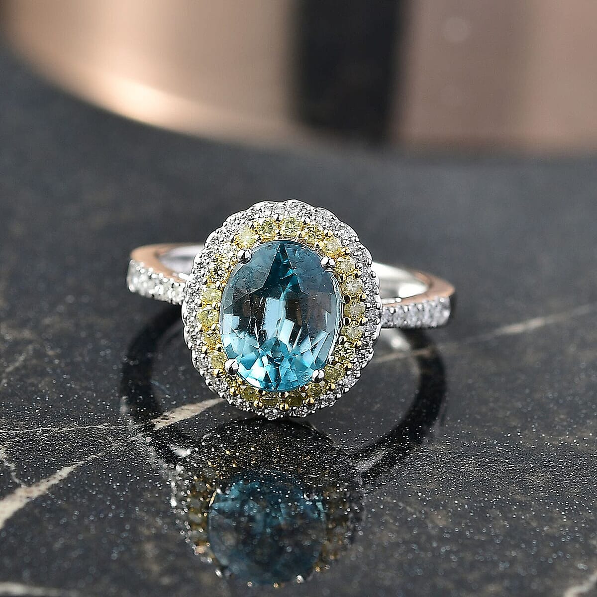 Luxoro AAA Cambodian Blue Zircon, Natural Yellow and White Diamond I2 3.65 ctw Sunlit Ocean Ring in 10K White Gold (Size 7.0) image number 1