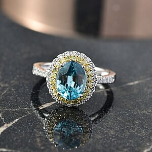 Luxoro AAA Cambodian Blue Zircon, Natural Yellow and White Diamond I2 3.65 ctw Sunlit Ocean Ring in 10K White Gold (Size 7.0)