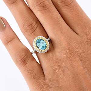 Luxoro AAA Cambodian Blue Zircon, Natural Yellow and White Diamond I2 3.65 ctw Sunlit Ocean Ring in 10K White Gold (Size 7.0)