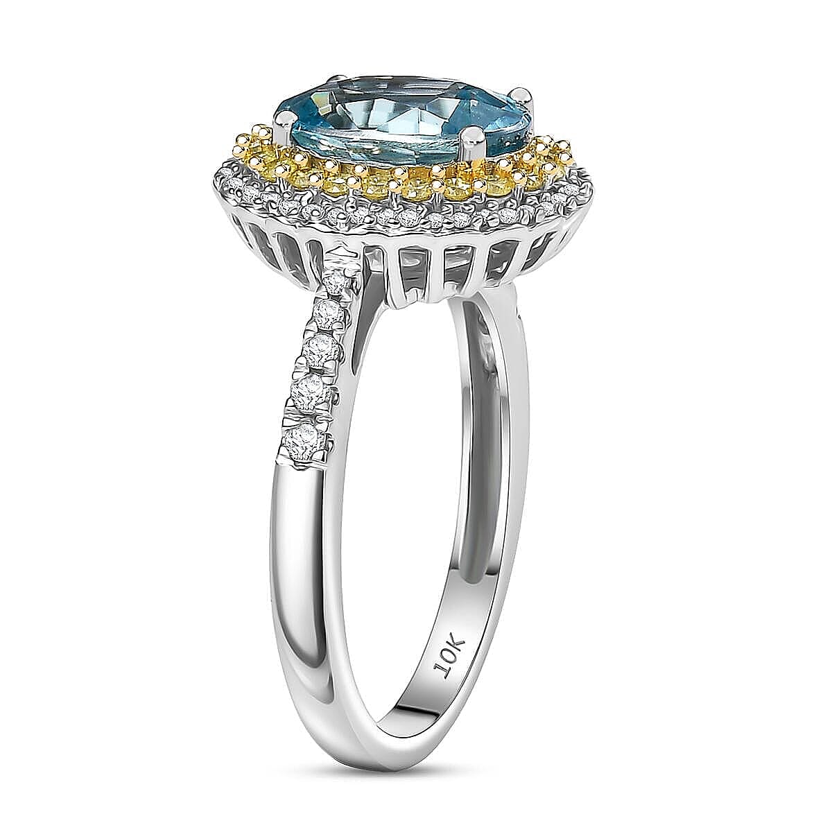 Luxoro AAA Cambodian Blue Zircon, Natural Yellow and White Diamond I2 3.65 ctw Sunlit Ocean Ring in 10K White Gold (Size 7.0) image number 3