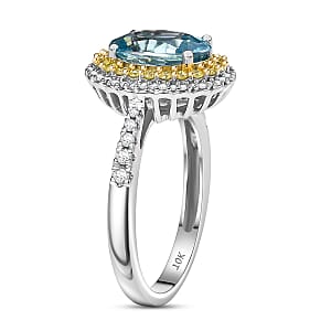 Luxoro AAA Cambodian Blue Zircon, Natural Yellow and White Diamond I2 3.65 ctw Sunlit Ocean Ring in 10K White Gold (Size 7.0)