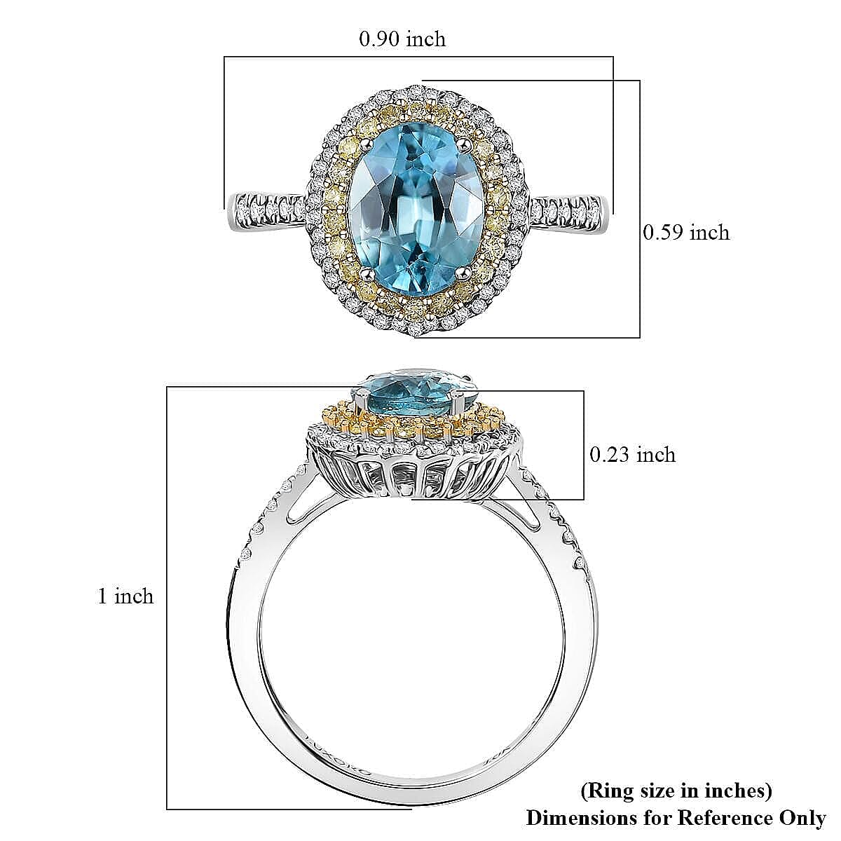 Luxoro AAA Cambodian Blue Zircon, Natural Yellow and White Diamond I2 3.65 ctw Sunlit Ocean Ring in 10K White Gold (Size 7.0) image number 5