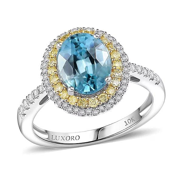 Luxoro 10K White Gold AAA Cambodian Blue Zircon, Natural Yellow and White Diamond (I2) (0.51 cts) Ring (Size 7.0) 3.65 ctw