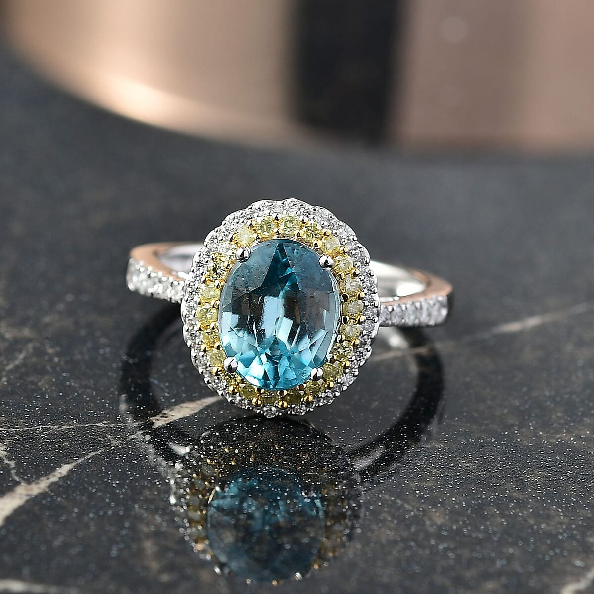 Luxoro AAA Cambodian Blue Zircon, Natural Yellow and White Diamond I2 3.65 ctw Sunlit Ocean Ring in 10K White Gold (Size 9.0) image number 1