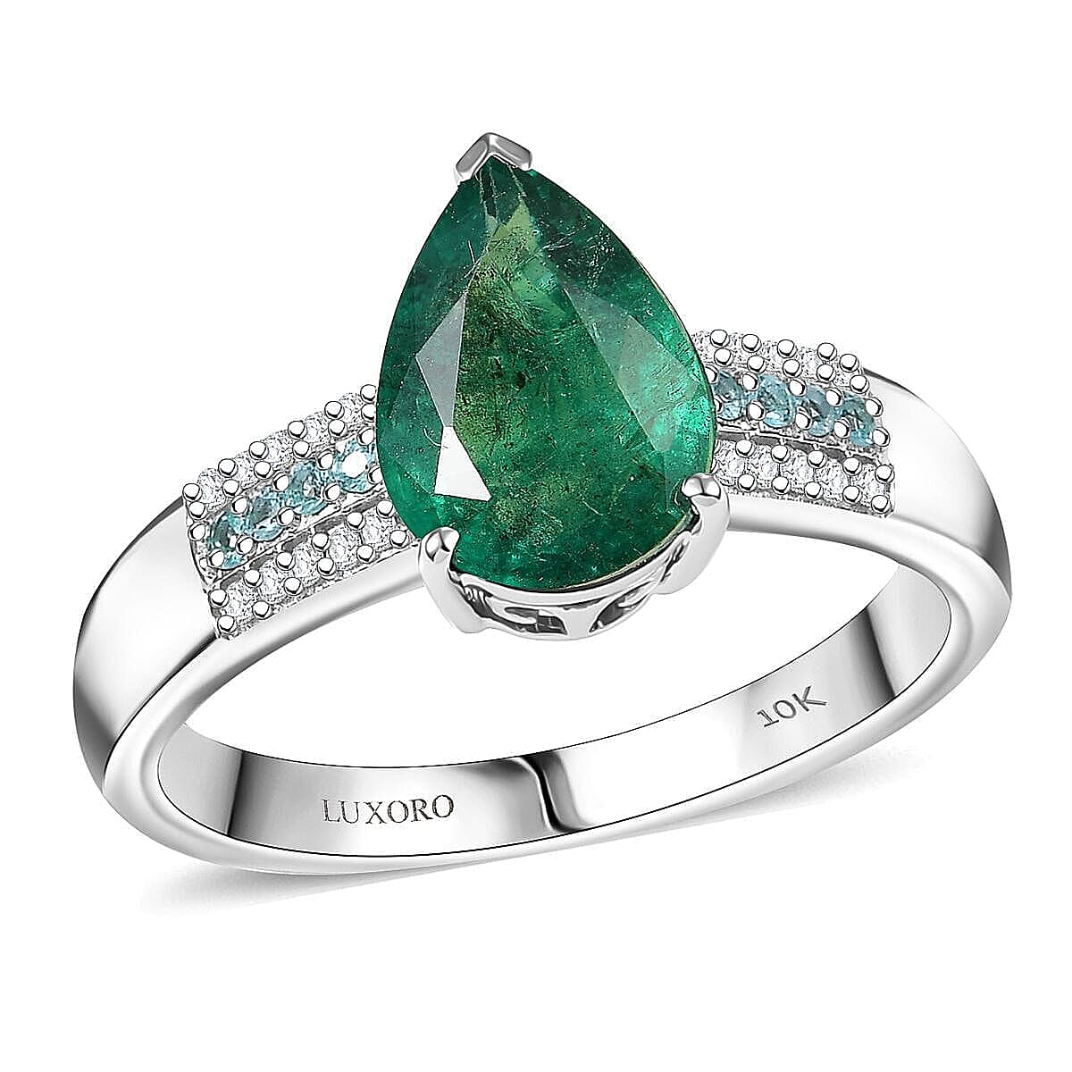 Luxoro AAA Premium Emerald, Paraiba Tourmaline and Diamond I2 2.40 ctw Ring in 10K White Gold (Size 6.0) image number 0