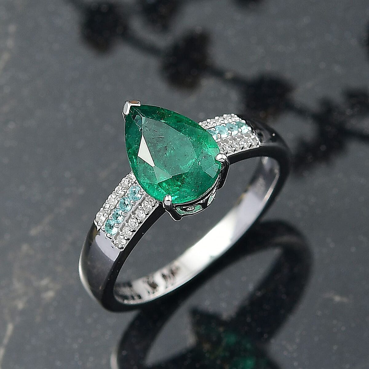 Luxoro AAA Premium Emerald, Paraiba Tourmaline and Diamond I2 2.40 ctw Ring in 10K White Gold (Size 6.0) image number 1