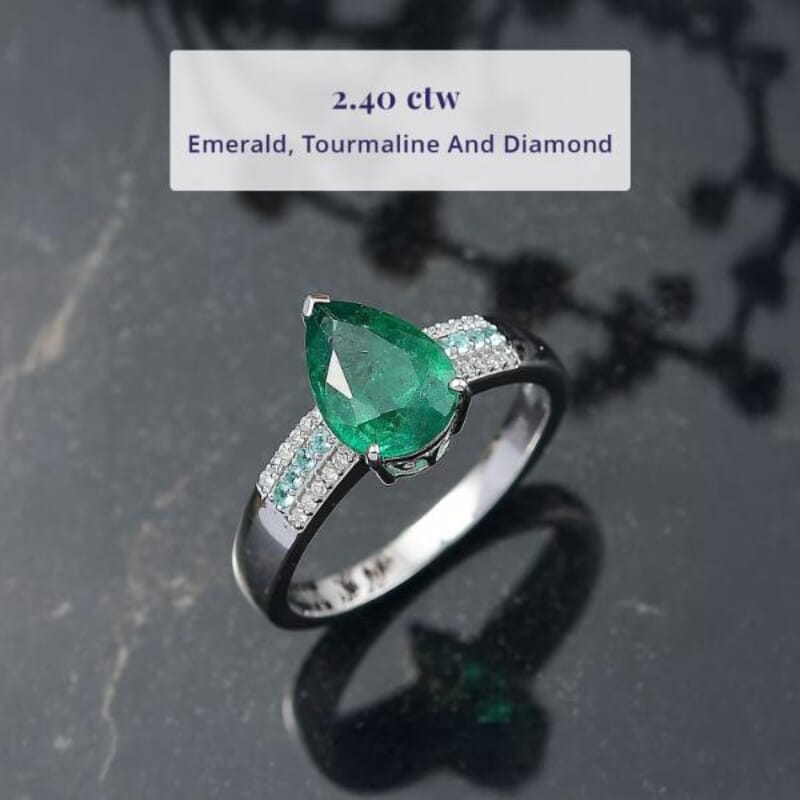 Luxoro AAA Premium Emerald, Paraiba Tourmaline and Diamond I2 2.40 ctw Ring in 10K White Gold (Size 6.0)