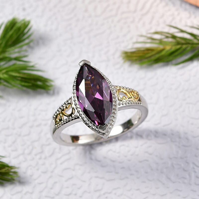 EverTrue Simulated Amethyst Color Diamond Ring in 18K YG Plated and Platinum Bond (Size 10.0)