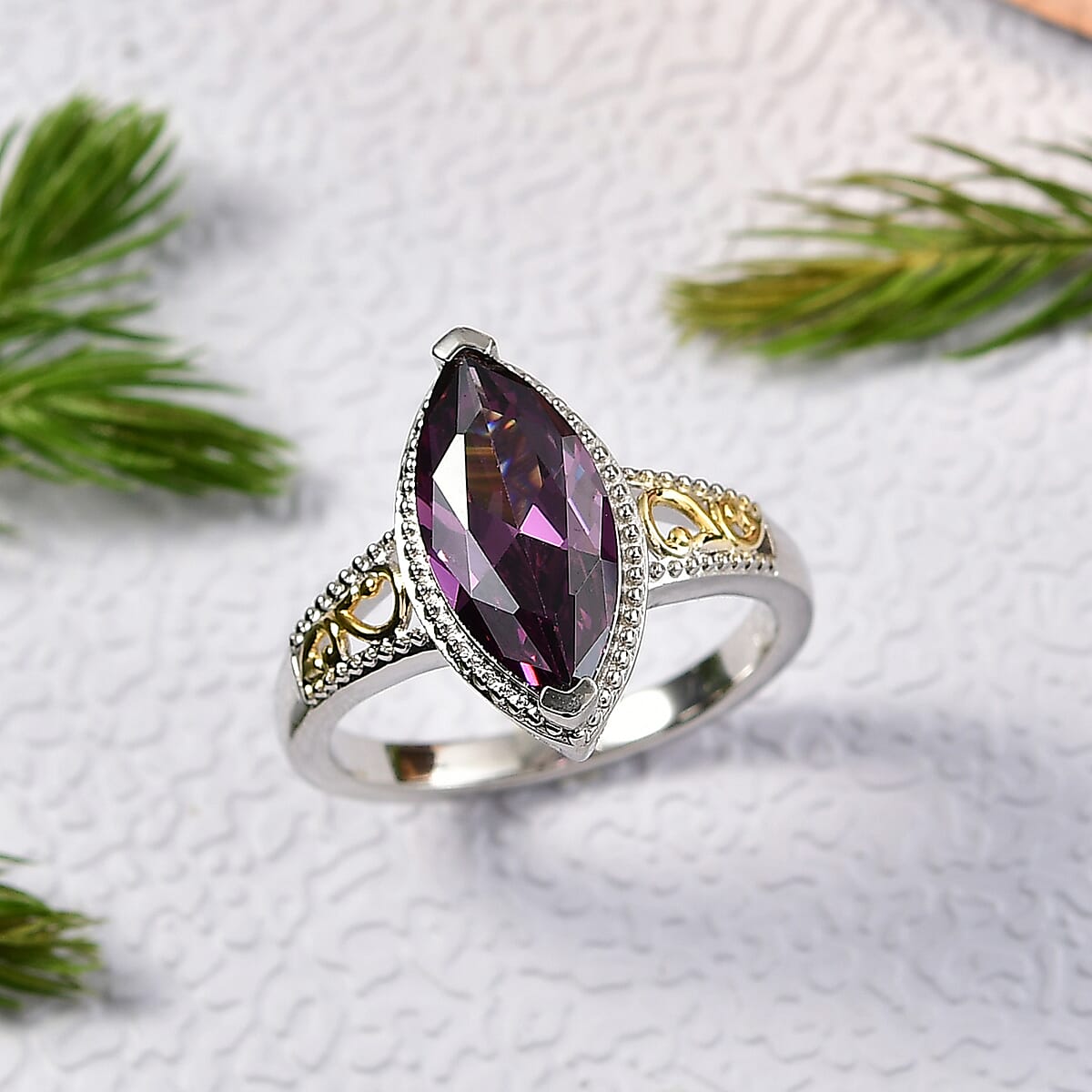 EverTrue Simulated Amethyst Color Diamond Ring in 18K YG Plated and Platinum Bond (Size 7.0) image number 1