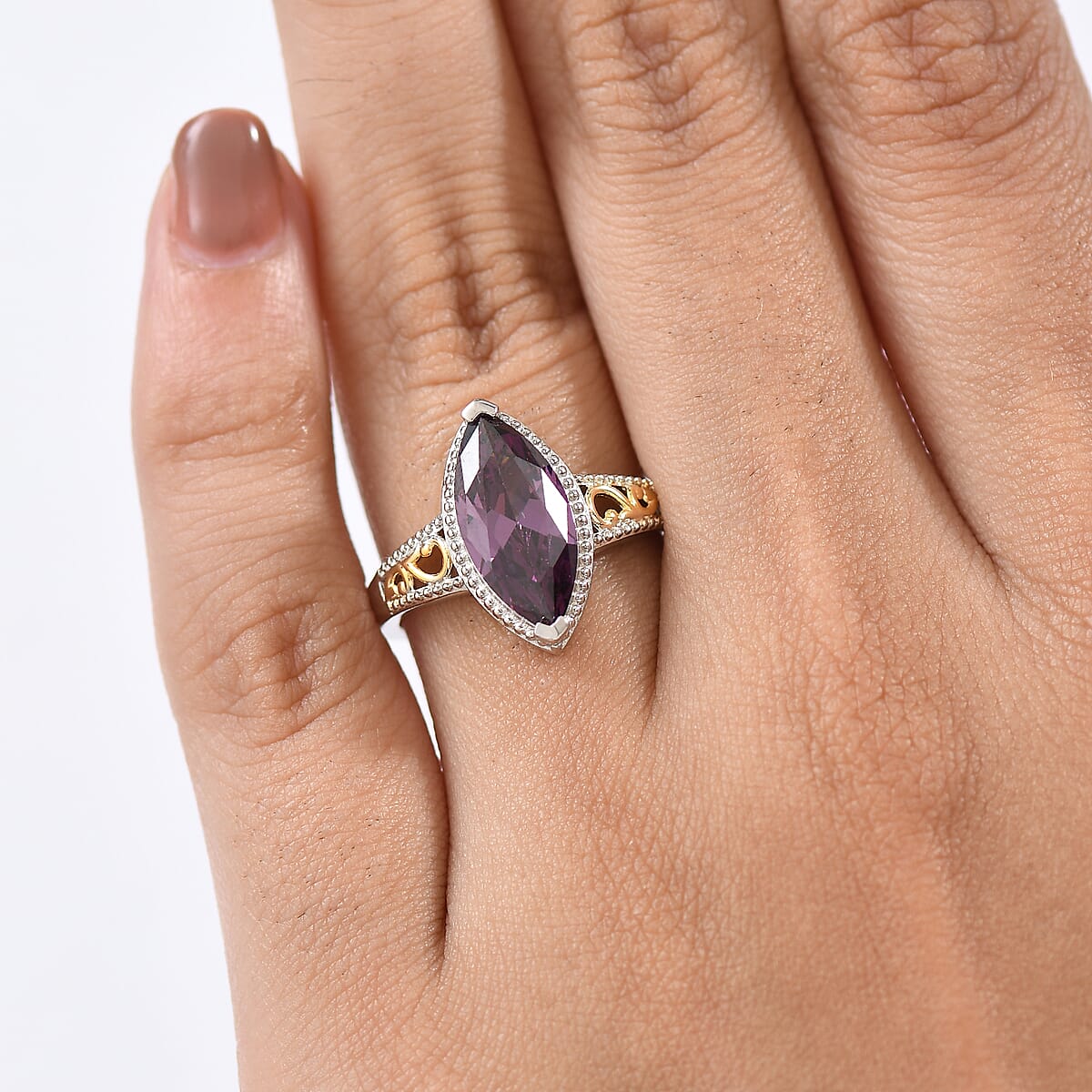 EverTrue Simulated Amethyst Color Diamond Ring in 18K YG Plated and Platinum Bond (Size 7.0) image number 2