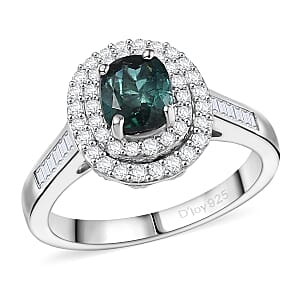 D'Joy Pirineu Lagoon Tourmaline and Moissanite 1.50 ctw Classic Halo Ring in Rhodium Over Sterling Silver (Size 10.0) 