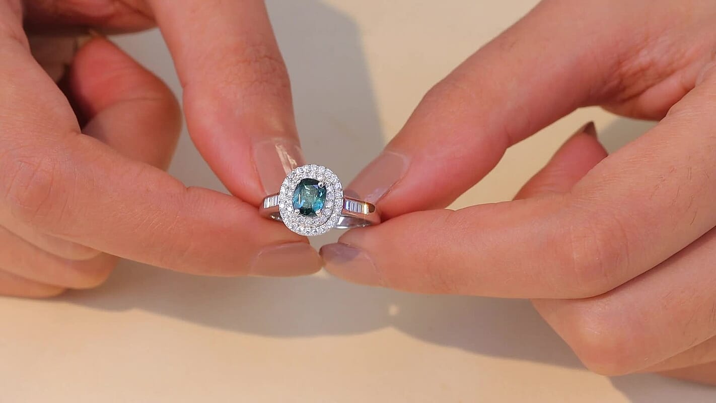 Deal of the Day D'Joy Pirineu Lagoon Tourmaline,  Moissanite Ring in Rhodium Over Sterling Silver (Size 10.0) 1.50 ctw