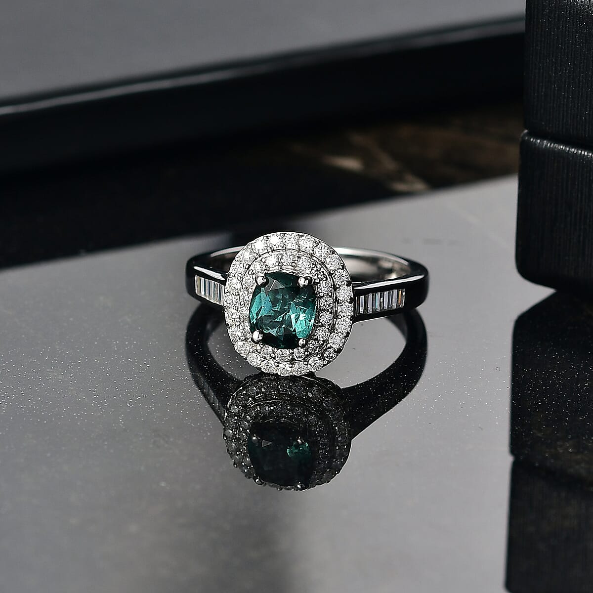 D'Joy Pirineu Lagoon Tourmaline and Moissanite 1.50 ctw Classic Halo Ring in Rhodium Over Sterling Silver (Size 10.0)  image number 1