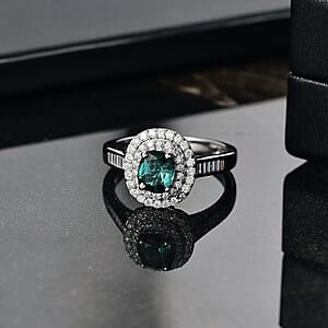 D'Joy Pirineu Lagoon Tourmaline and Moissanite 1.50 ctw Classic Halo Ring in Rhodium Over Sterling Silver (Size 10.0) 