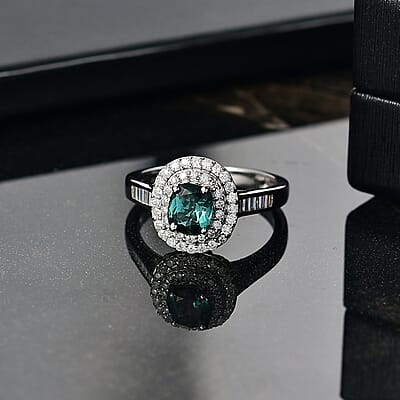 D'Joy Pirineu Lagoon Tourmaline and Moissanite 1.50 ctw Classic Halo Ring in Rhodium Over Sterling Silver (Size 10.0)