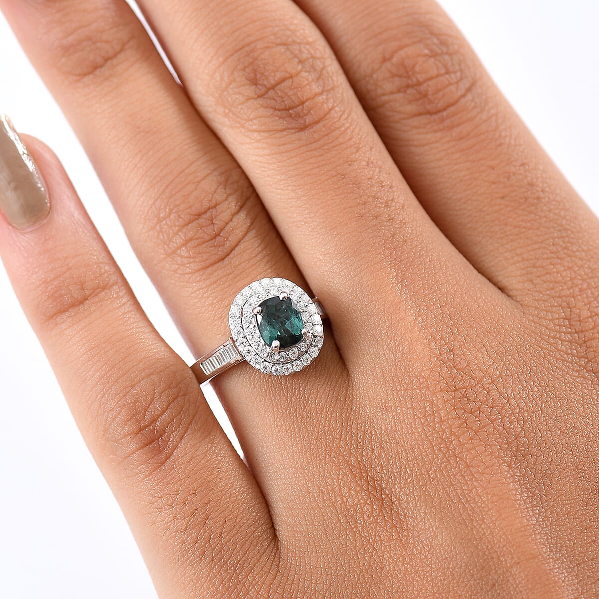 D'Joy Pirineu Lagoon Tourmaline and Moissanite 1.50 ctw Classic Halo Ring in Rhodium Over Sterling Silver (Size 10.0)  image number 2