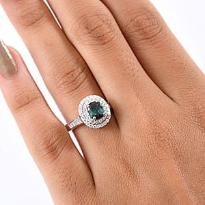 D'Joy Pirineu Lagoon Tourmaline and Moissanite 1.50 ctw Classic Halo Ring in Rhodium Over Sterling Silver (Size 10.0) 