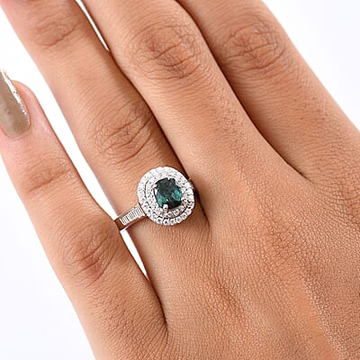 D'Joy Pirineu Lagoon Tourmaline and Moissanite 1.50 ctw Classic Halo Ring in Rhodium Over Sterling Silver (Size 10.0)