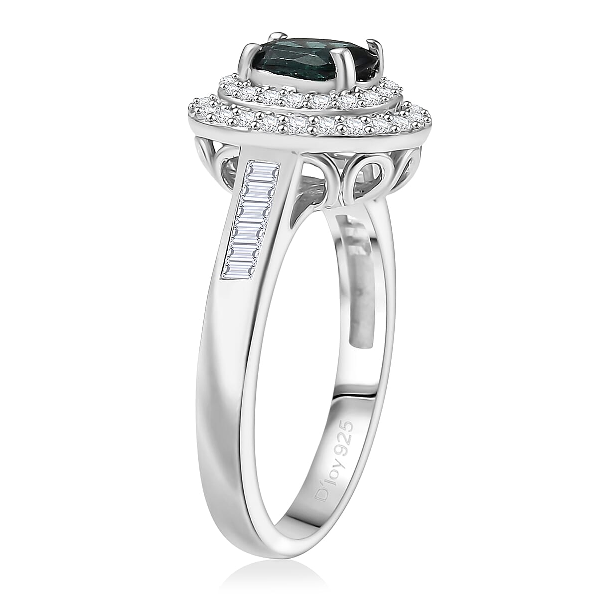 D'Joy Pirineu Lagoon Tourmaline and Moissanite 1.50 ctw Classic Halo Ring in Rhodium Over Sterling Silver (Size 10.0)  image number 3