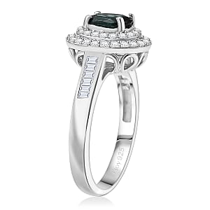 D'Joy Pirineu Lagoon Tourmaline and Moissanite 1.50 ctw Classic Halo Ring in Rhodium Over Sterling Silver (Size 10.0) 