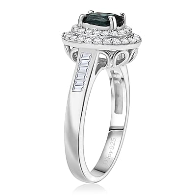 D'Joy Pirineu Lagoon Tourmaline and Moissanite 1.50 ctw Classic Halo Ring in Rhodium Over Sterling Silver (Size 10.0)