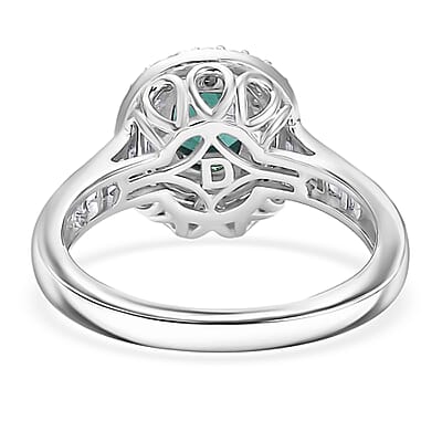 D'Joy Pirineu Lagoon Tourmaline and Moissanite 1.50 ctw Classic Halo Ring in Rhodium Over Sterling Silver (Size 10.0)