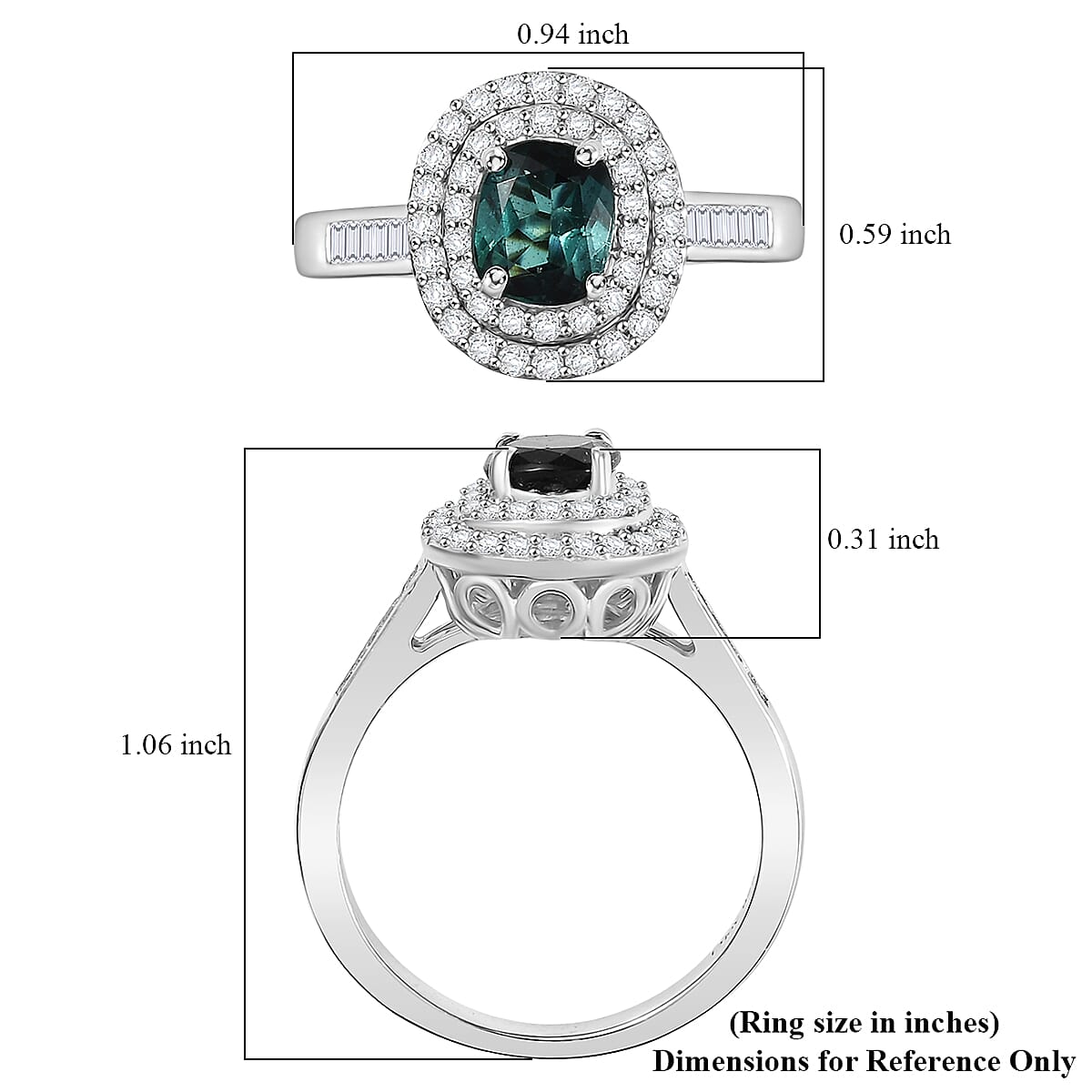 D'Joy Pirineu Lagoon Tourmaline and Moissanite 1.50 ctw Classic Halo Ring in Rhodium Over Sterling Silver (Size 10.0)  image number 5