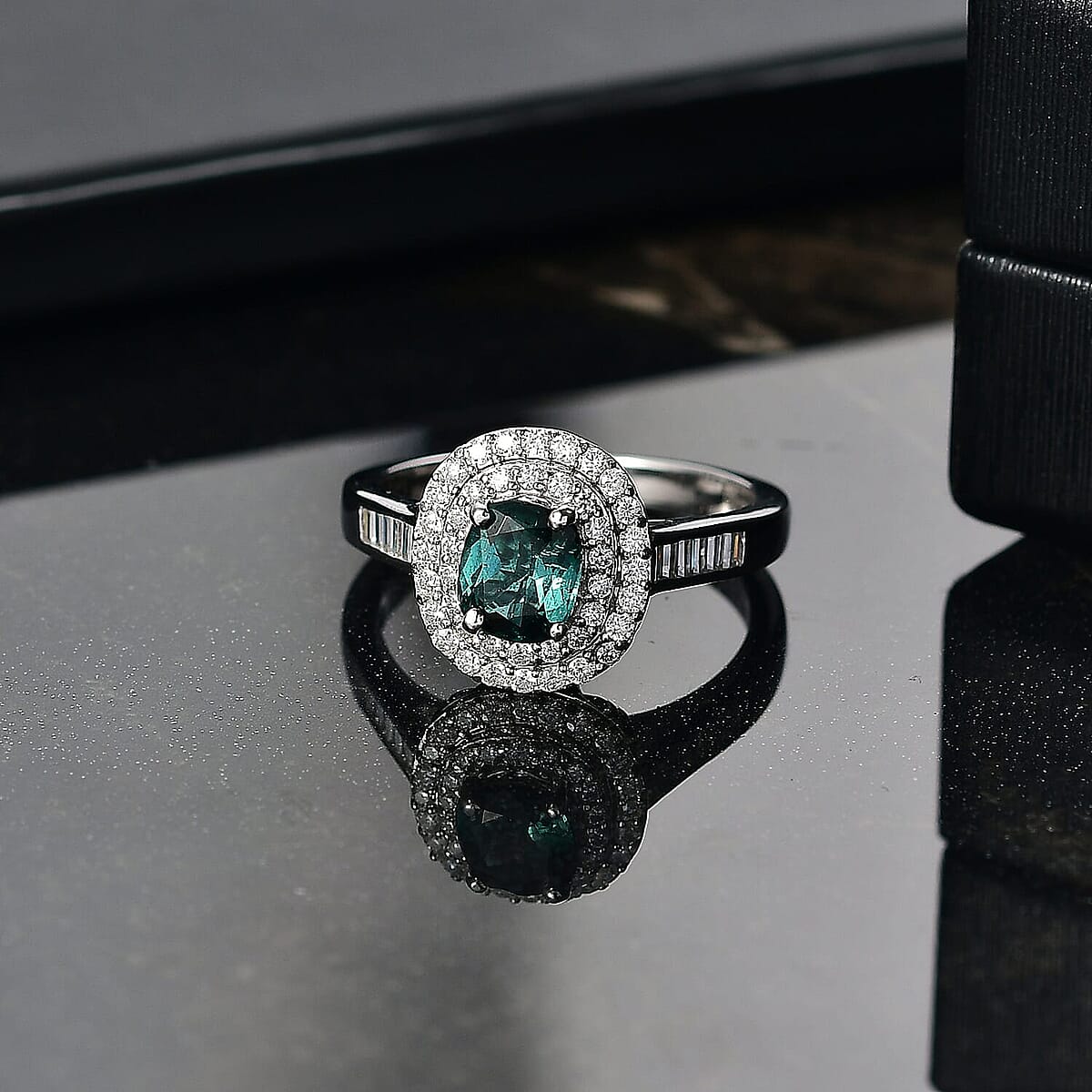 Deal of the Day D'Joy Pirineu Lagoon Tourmaline,  Moissanite Ring in Rhodium Over Sterling Silver (Size 5.0) 1.50 ctw image number 1