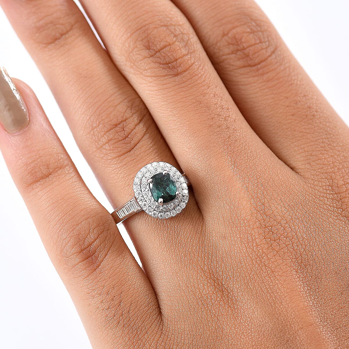 D'Joy Pirineu Lagoon Tourmaline and Moissanite 1.50 ctw Classic Halo Ring in Rhodium Over Sterling Silver (Size 6.0)  image number 2