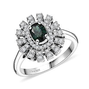 D'Joy Pirineu Lagoon Tourmaline and Moissanite 1.00 ctw Ring in Rhodium Over Sterling Silver (Size 10.0)