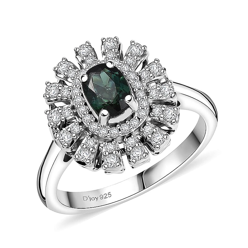 D'Joy Pirineu Lagoon Tourmaline and Moissanite 1.00 ctw Ring in Rhodium Over Sterling Silver (Size 10.0)