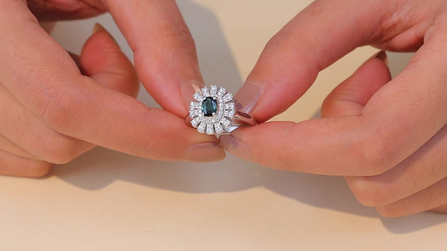 D'Joy Pirineu Lagoon Tourmaline, Moissanite Ring in Rhodium Over Sterling Silver (Size 10.0) 1.01 ctw