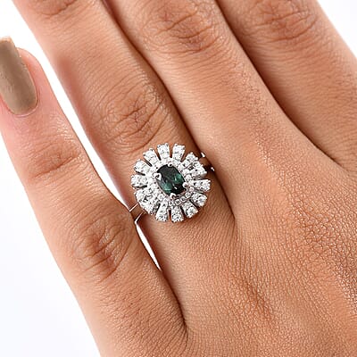 D'Joy Pirineu Lagoon Tourmaline and Moissanite 1.00 ctw Ring in Rhodium Over Sterling Silver (Size 10.0)