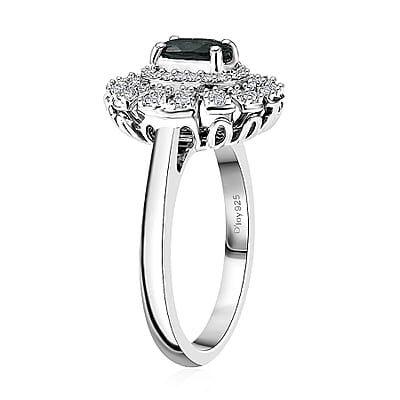 D'Joy Pirineu Lagoon Tourmaline and Moissanite 1.00 ctw Ring in Rhodium Over Sterling Silver (Size 10.0)