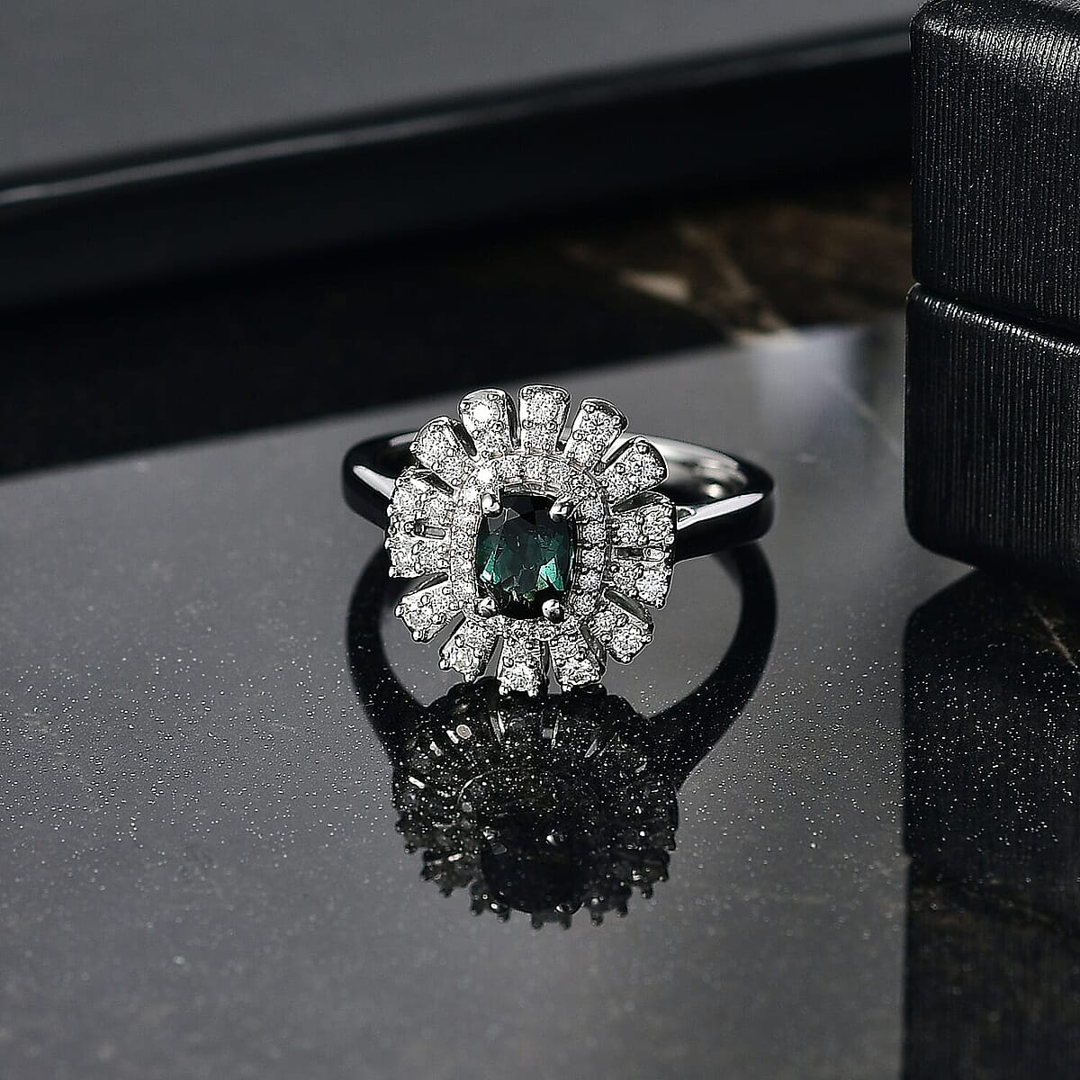 D'Joy Pirineu Lagoon Tourmaline and Moissanite 1.00 ctw Ring in Rhodium Over Sterling Silver (Size 5.0) image number 1