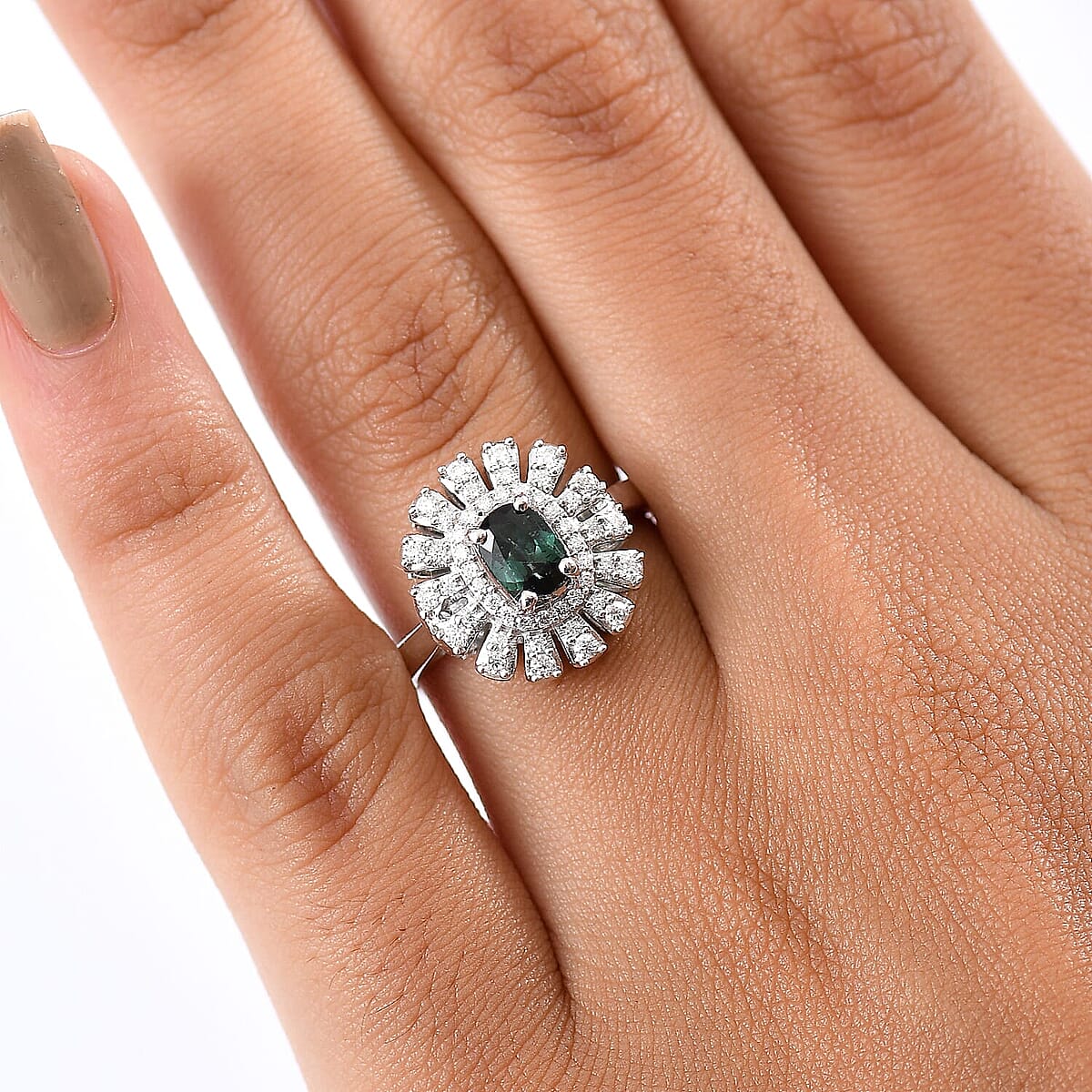 D'Joy Pirineu Lagoon Tourmaline and Moissanite 1.00 ctw Ring in Rhodium Over Sterling Silver (Size 5.0) image number 2