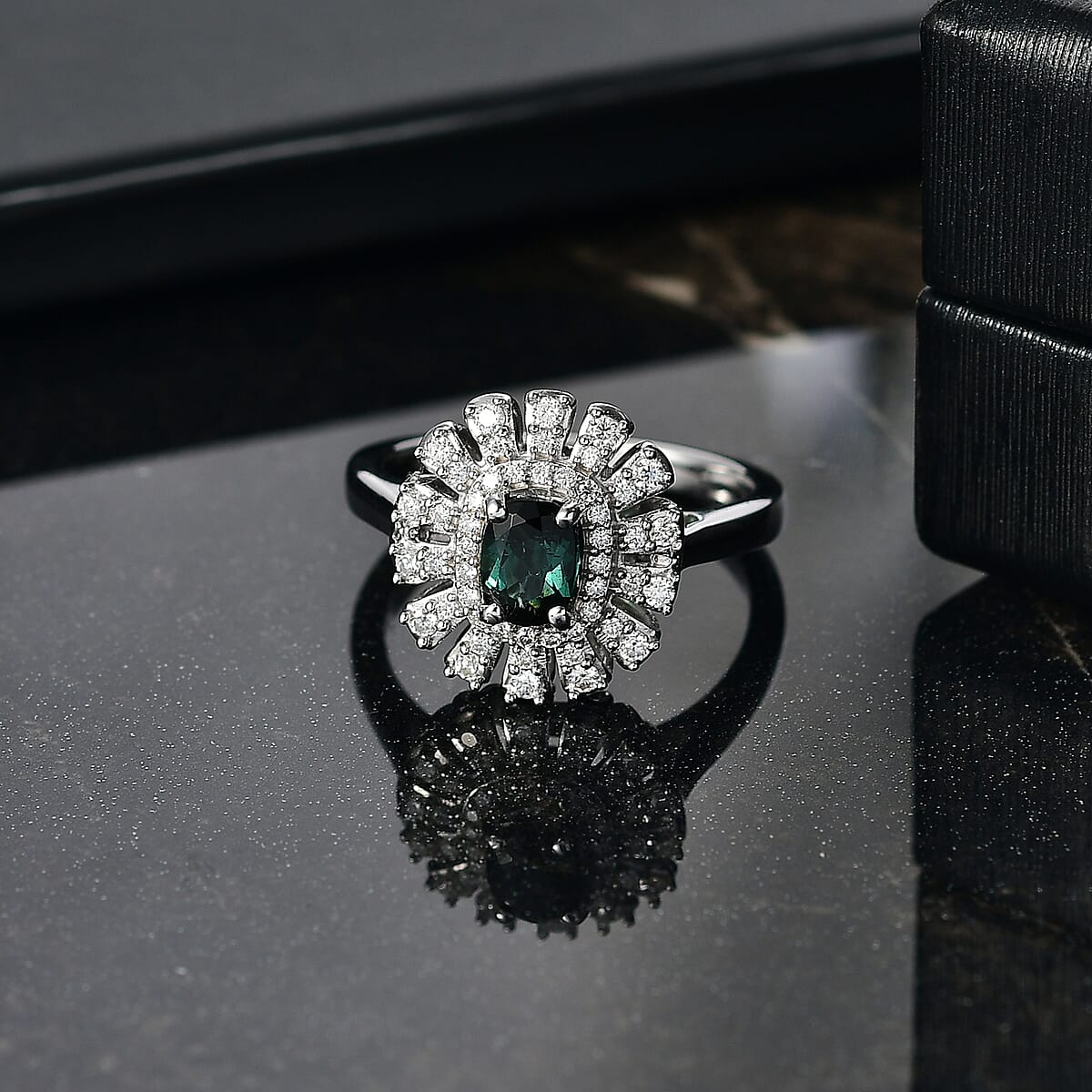 D'Joy Pirineu Lagoon Tourmaline and Moissanite 1.00 ctw Ring in Rhodium Over Sterling Silver (Size 6.0) image number 1
